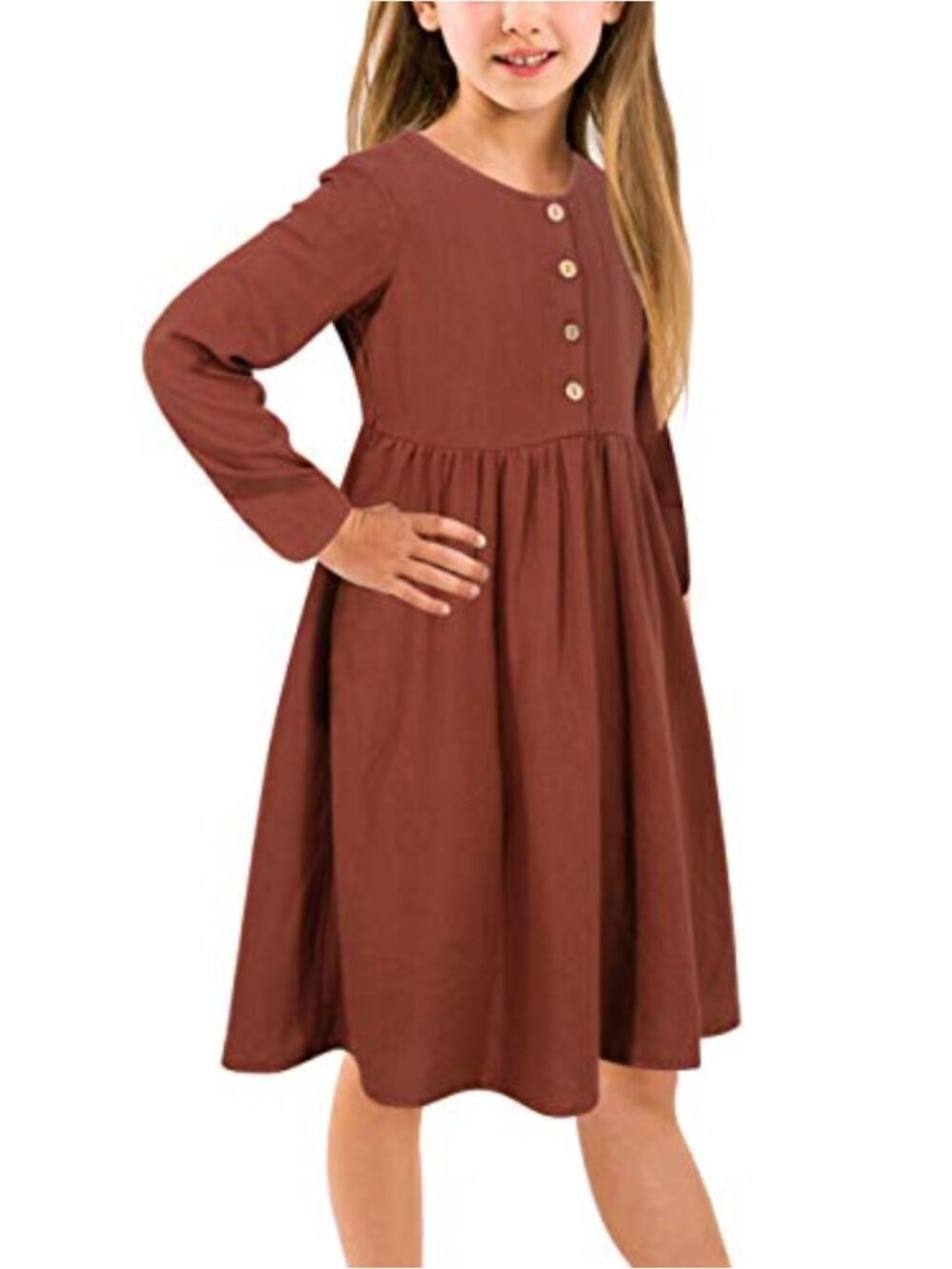 Girls Casual Linen Blend Midi Dress with Pockets, Button Down, A-Line